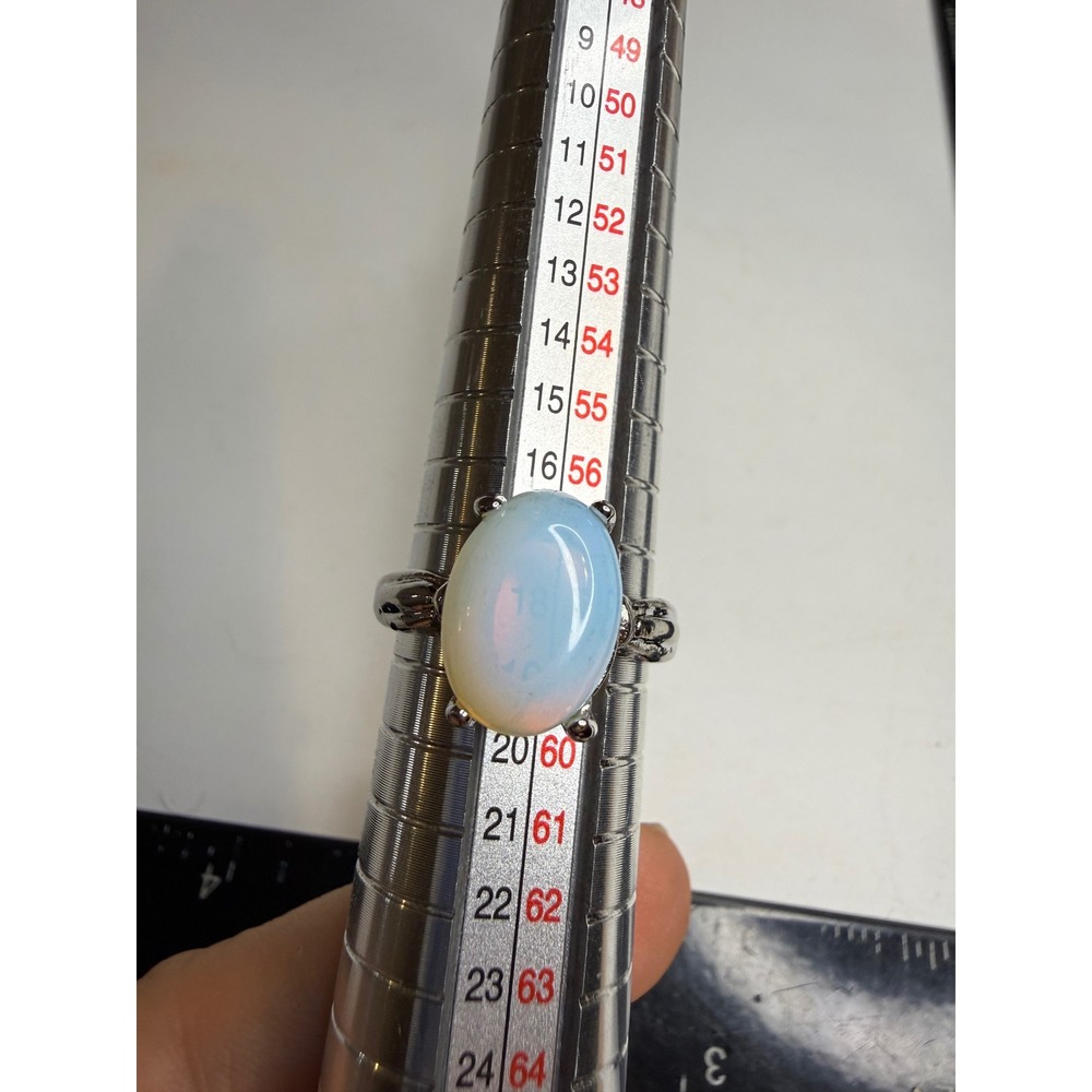 Silver Tone Oval Opalite Cabochon Statement Ring Size 8.5